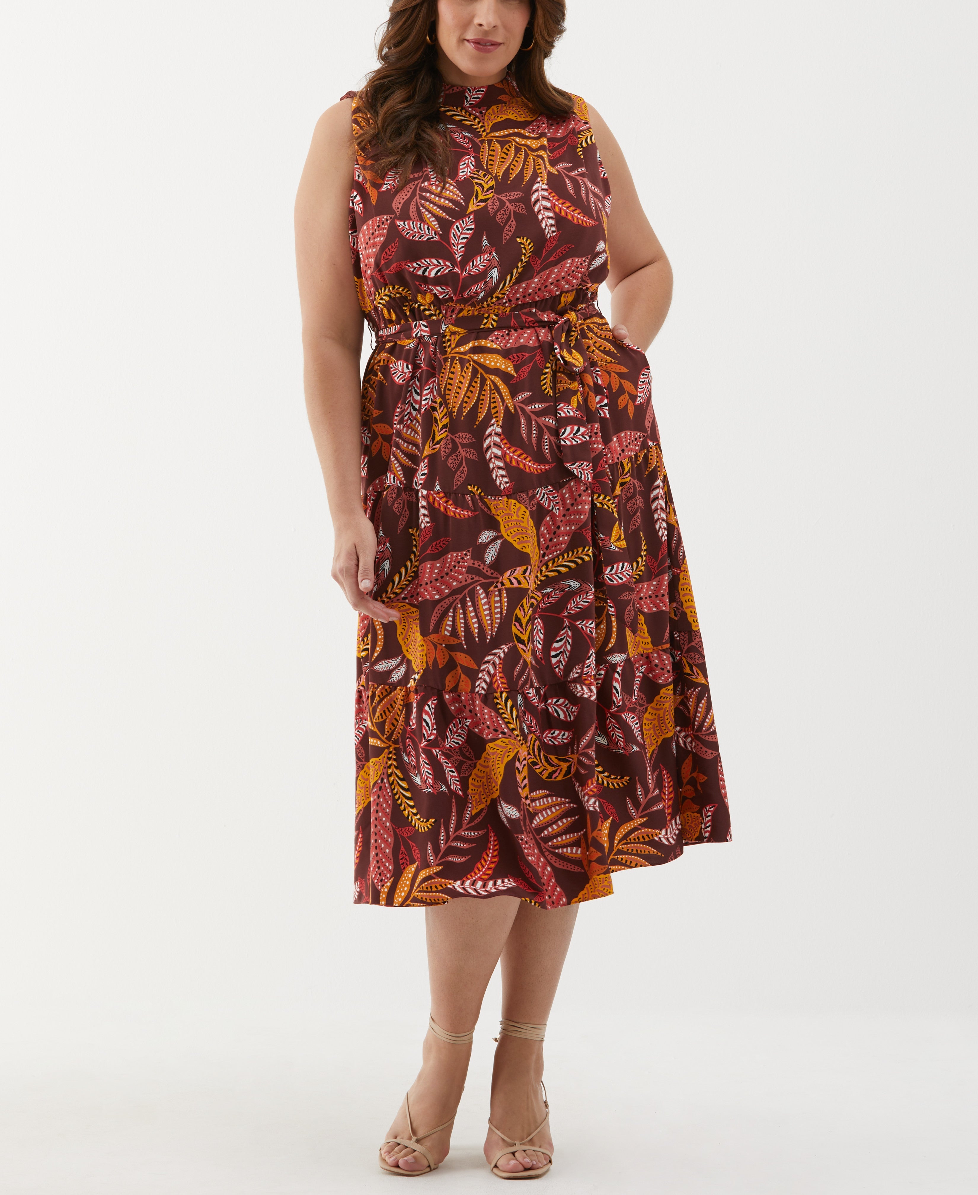 ELLA by Rafaella Women's Plus Size Leaf Print Belted Dress in Decadent Chocolate/Brown, Size 3X, Floral, 100% Polyester