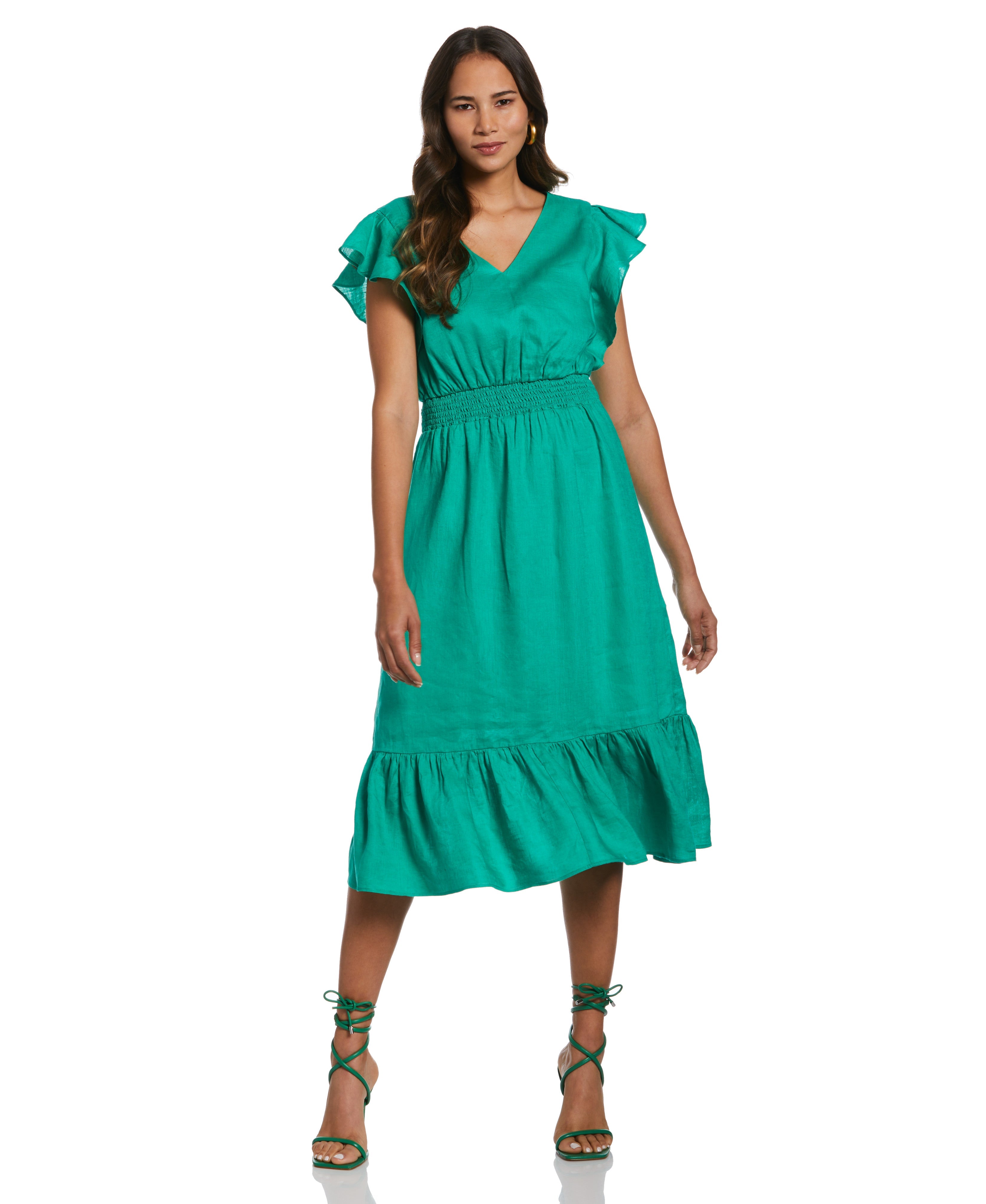 Rafaella Women's Double V Neck Ruffle Dress in Simply Green/Green, Solid, 100% Linen Rafaella Women's Double V Neck Ruffle Dress in Simply Green/Green, Solid, 100% Linen