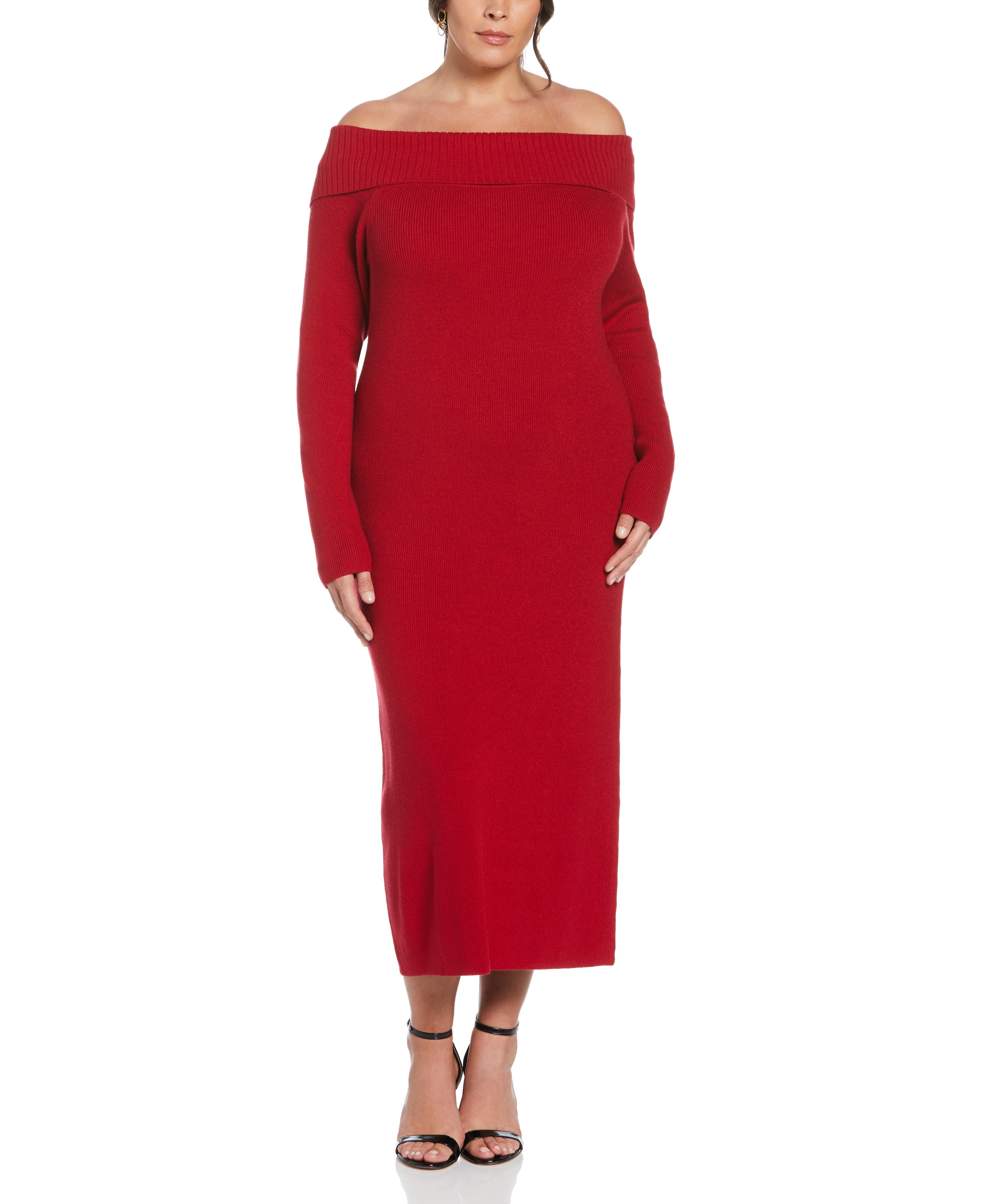 Ella Rafaella Plus Size Off-The-Shoulder Long Sleeve Sweater Dress - Black