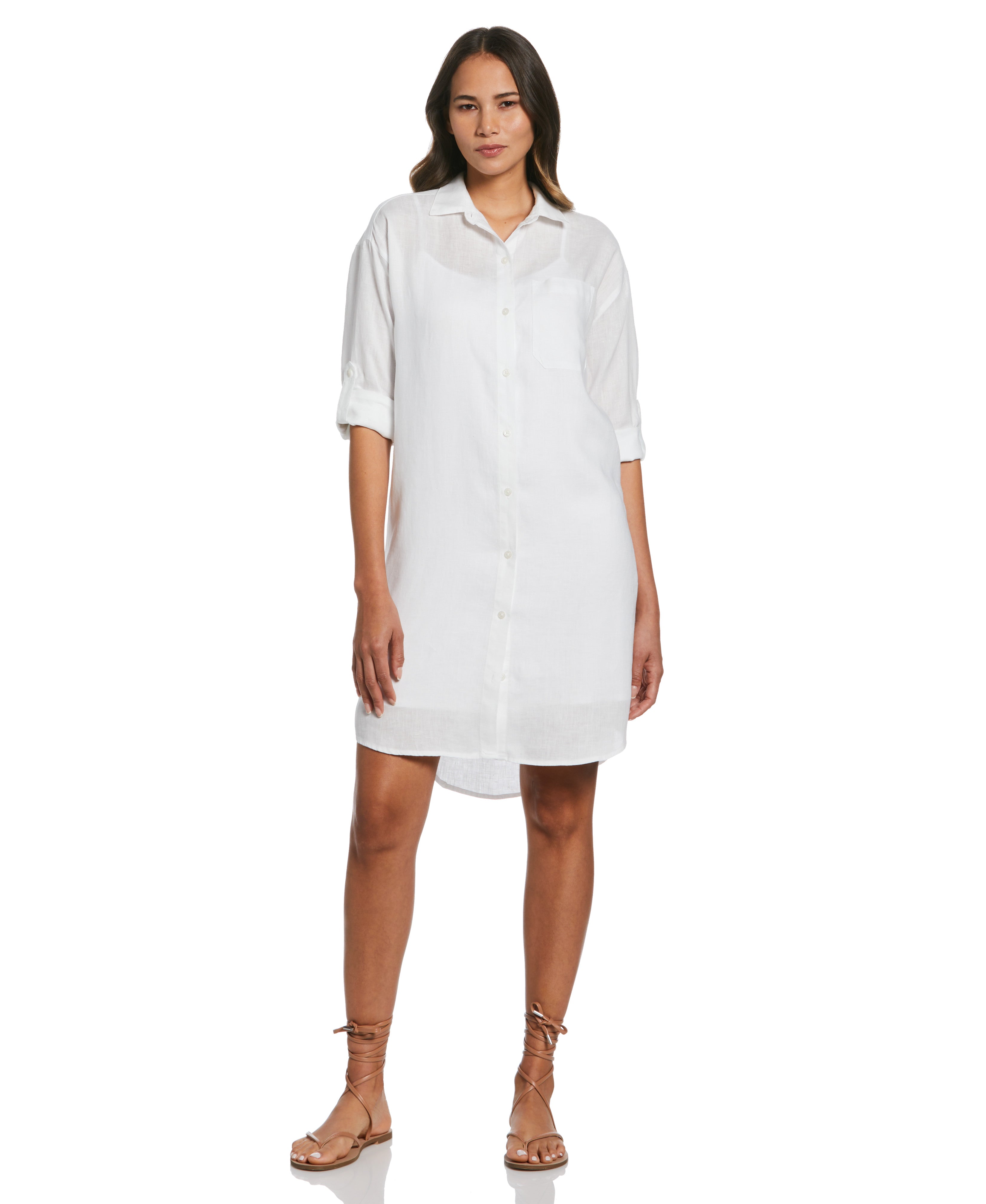 Rafaella Women's Roll Sleeve Linen Shirt Dress in White, Size Medium, Solid, 100% Linen