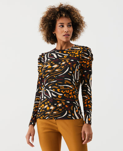 Animal Print Crew Neck Puff Sleeve Top (Black) 