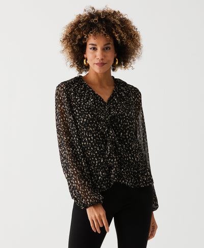 Animal Print V-Neck Ruffle Blouse (Black) 