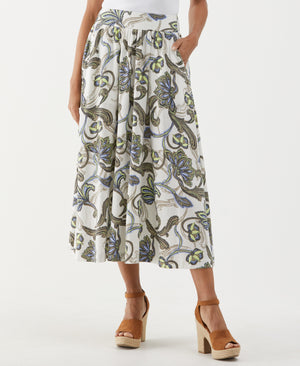 Batik Print Linen Blend Full Midi Skirt (Aloe) 