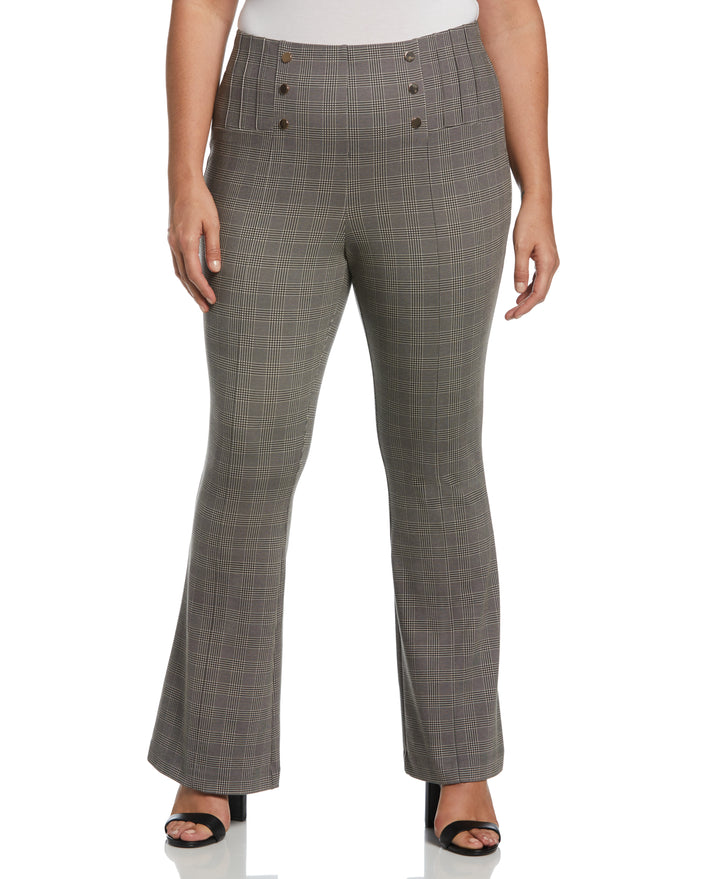 Button Detail Plaid Bootcut Pant (Stone) 