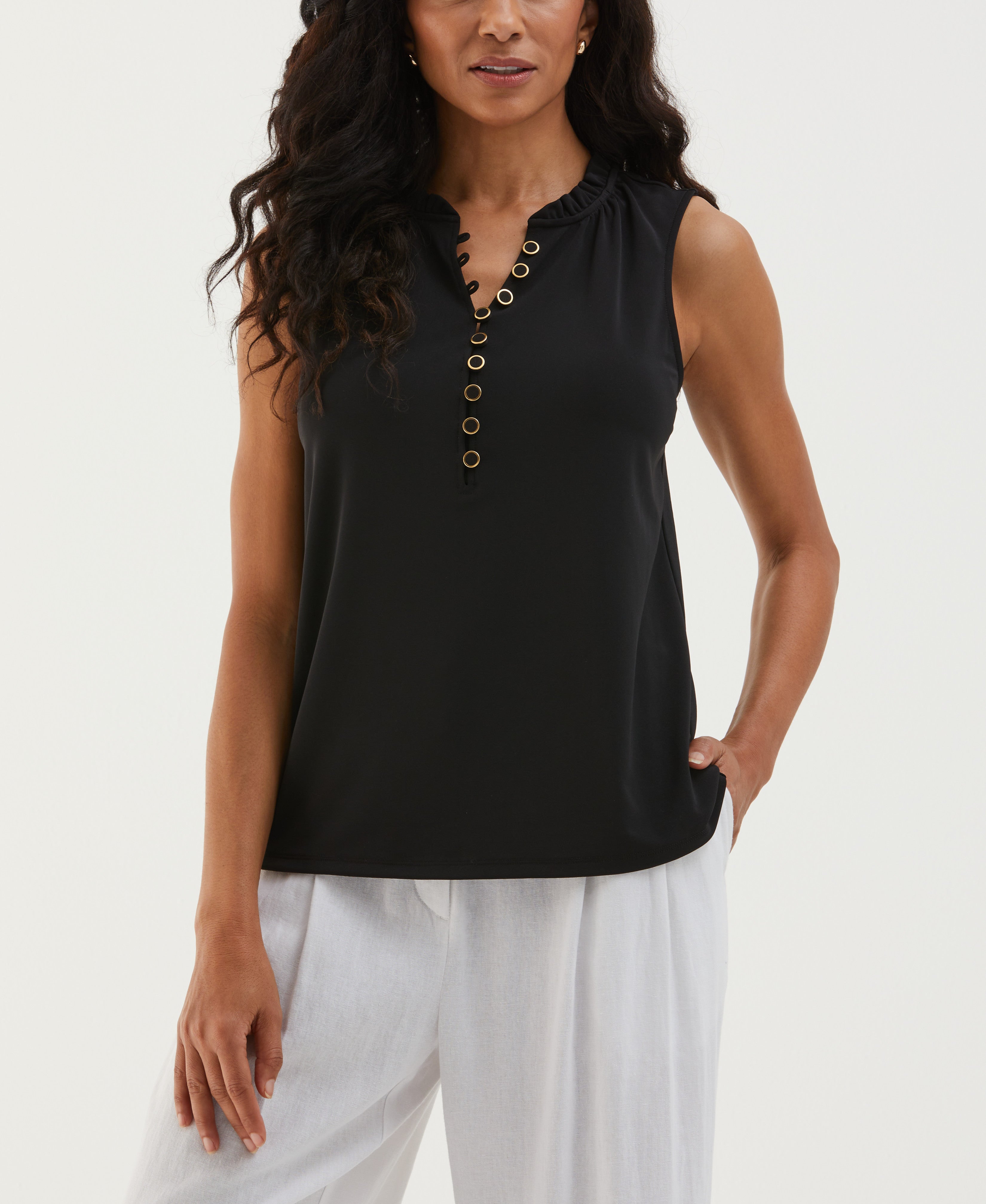 Women's Button Front Ruffle Tank Top – Rafaella
