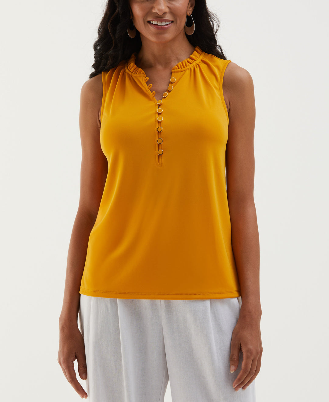 Button Front Ruffle Tank Top (Golden Glow) 