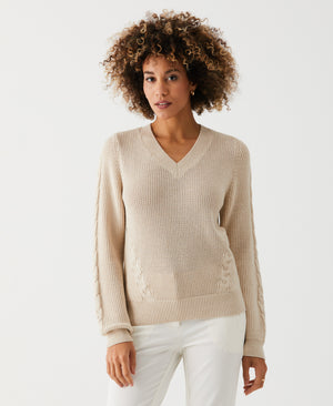 Cable Knit V-Neck Sweater (Wheat Heather) 
