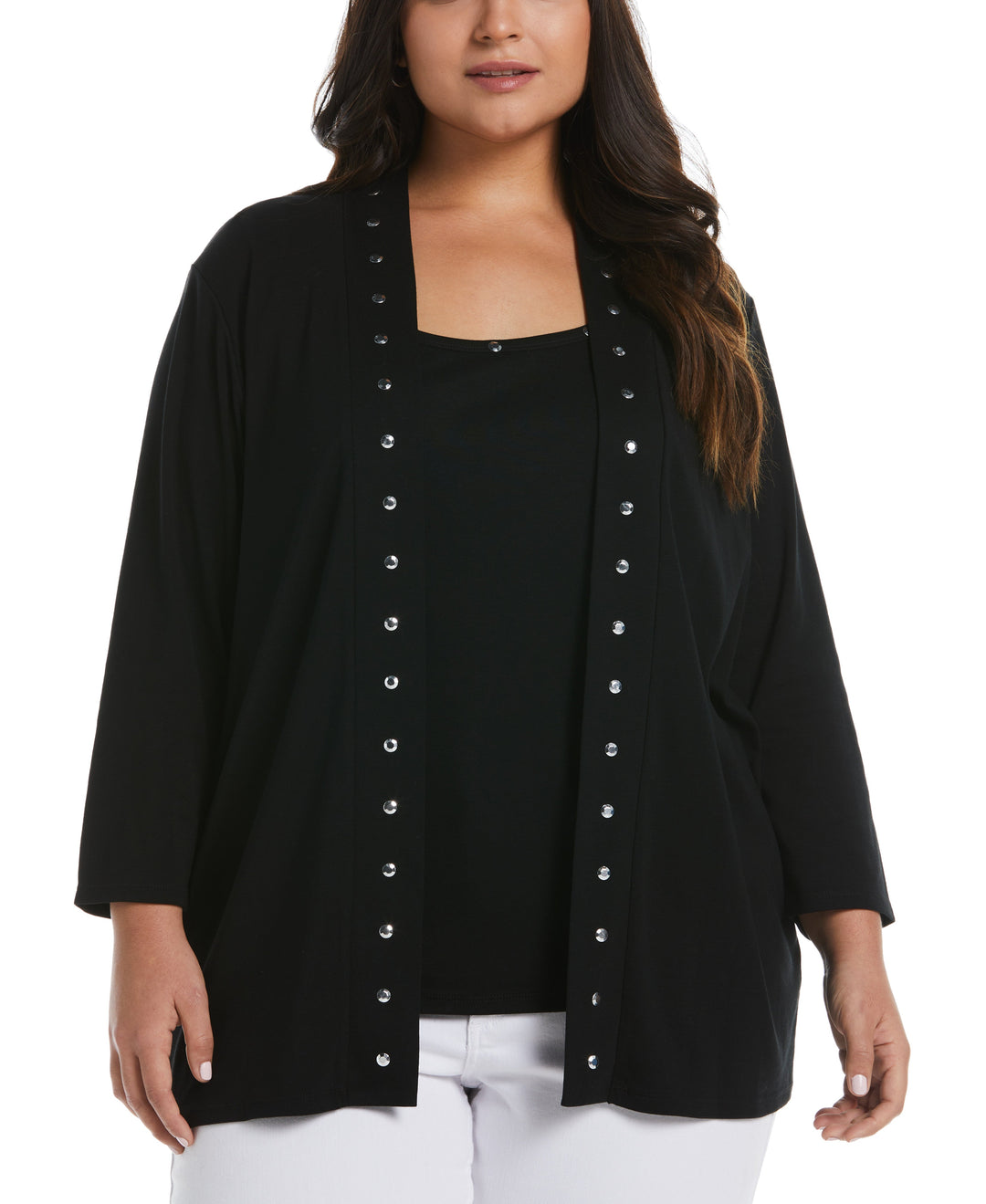 Cardigan Sweater with Hardware Trim (Black) 