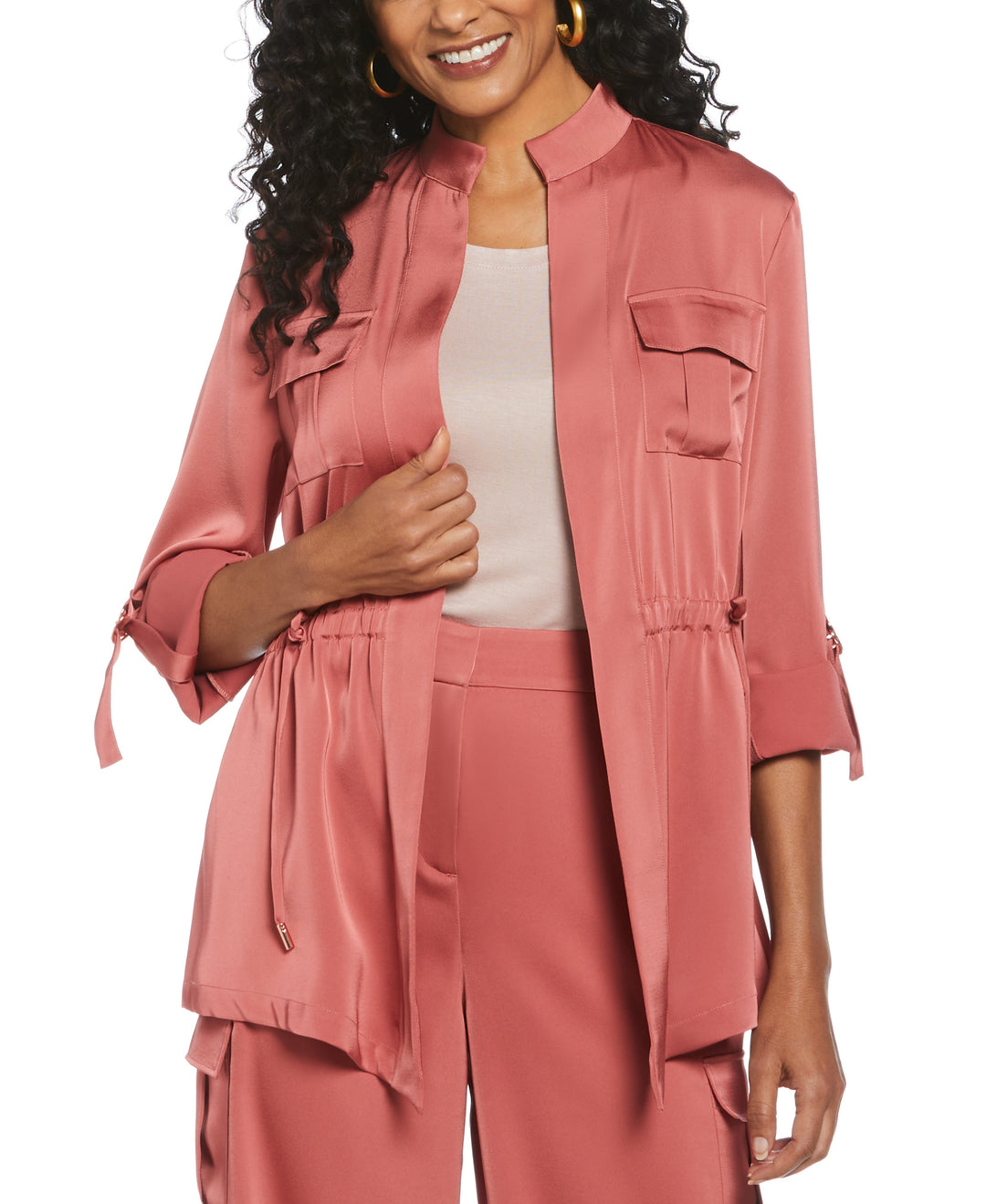 Drawcord Waist Shine Roll Sleeve Jacket (Dusty Cedar) 