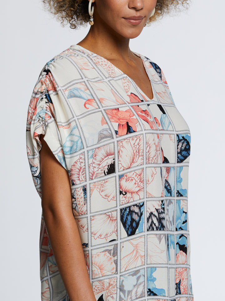 Eco Fabric Ruched Tie Sleeve V-Neck Top (Egret) 