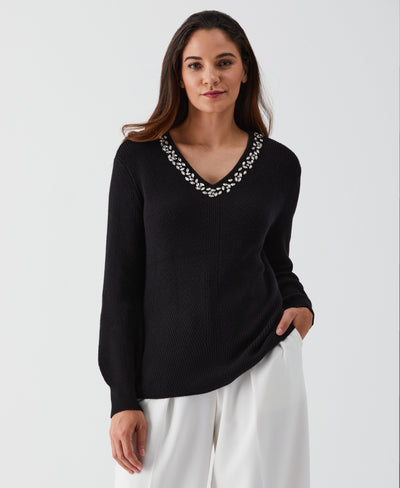 Embellished V-Neck Sweater (Black) 