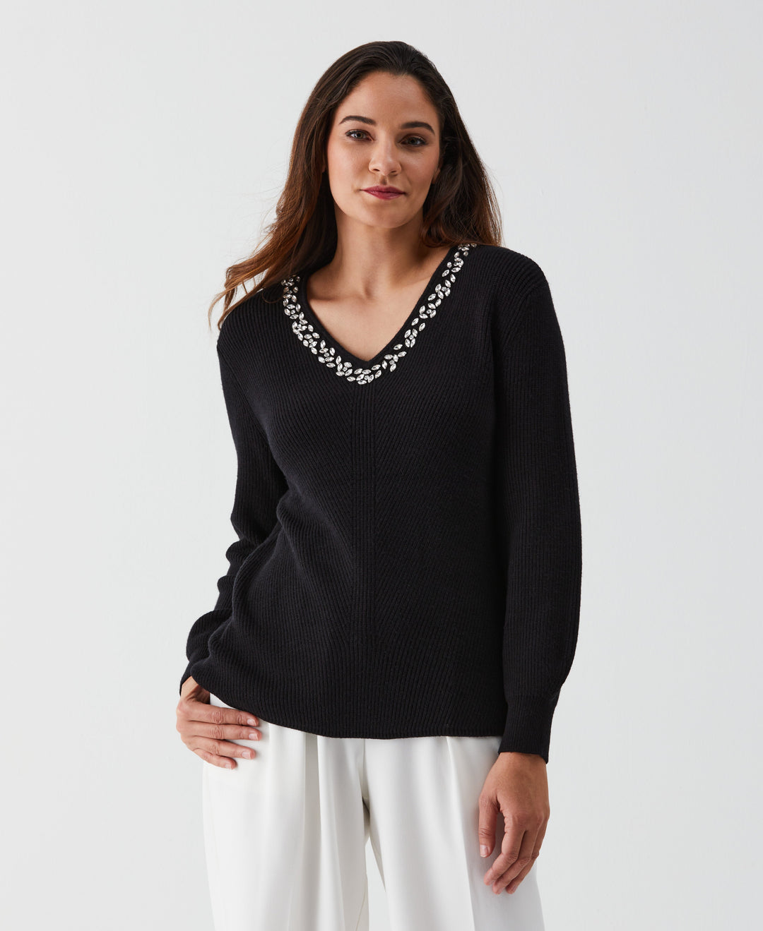 売れ筋商品|||カールラガーフェルド ニット&セーター アウター レディース Women's Puffed-Sleeve V-Neck Sweater Daffodil Embellished-V-Neck-Sweater-