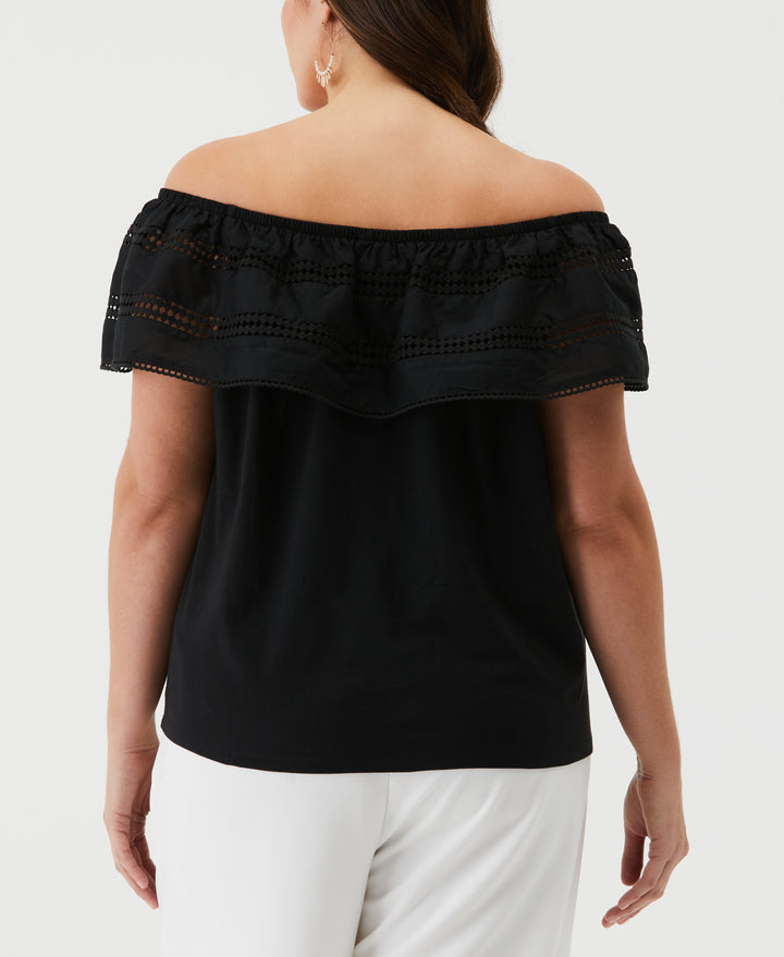 Embroidered Off The Shoulder Top (Black) 