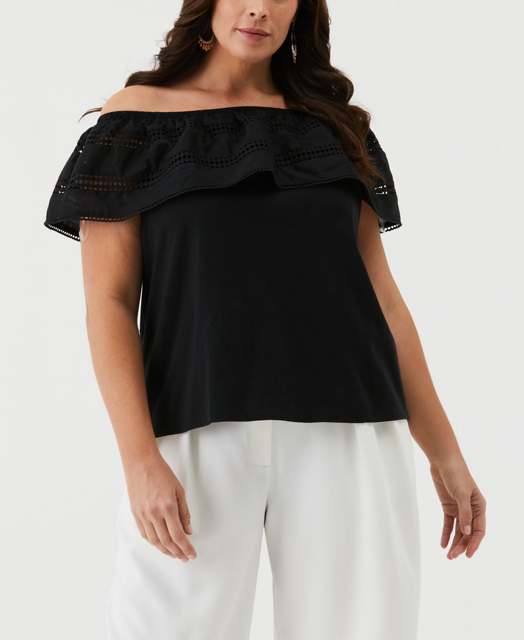 Embroidered Off The Shoulder Top (Black) 