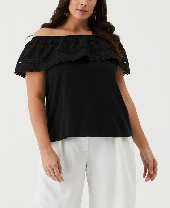 Embroidered Off The Shoulder Top (Black) 
