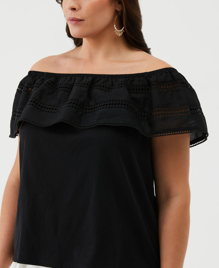 Embroidered Off The Shoulder Top (Black) 
