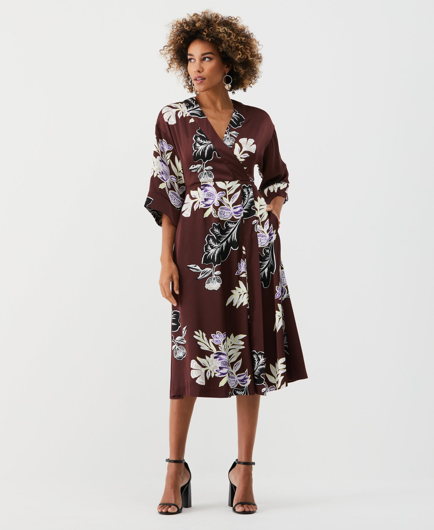 faux wrap midi dress Ella by Rafaella Women's Floral Print Faux Wrap Midi Dress in Decadent Chocolate/Brown, Size Medium, 100% Polyester