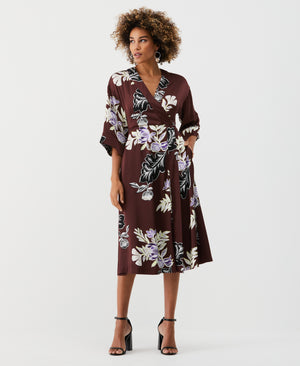 Floral Print Faux Wrap Midi Dress (Decadent Chocolate) 
