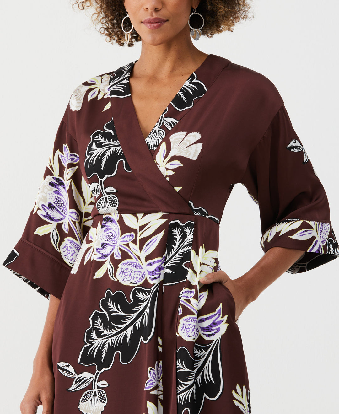 Ella by Rafaella Women's Floral Print Faux Wrap Midi Dress in Decadent Chocolate/Brown, Size Medium, 100% Polyester Ella by Rafaella Women's Floral Print Faux Wrap Midi Dress in Decadent Chocolate/Brown, Size Medium, 100% Polyester