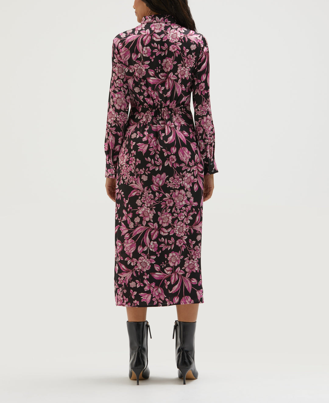 Floral Print Gathered Popover Midi Dress (Black) 