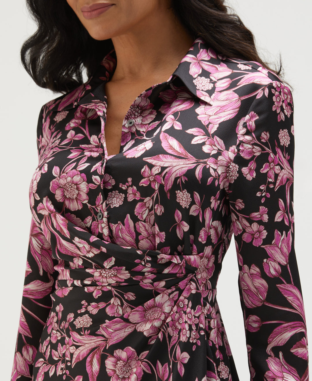 Floral Print Gathered Popover Midi Dress (Black) 