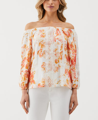 Floral Print Lace Trim Off the Shoulder Top (Coral) 