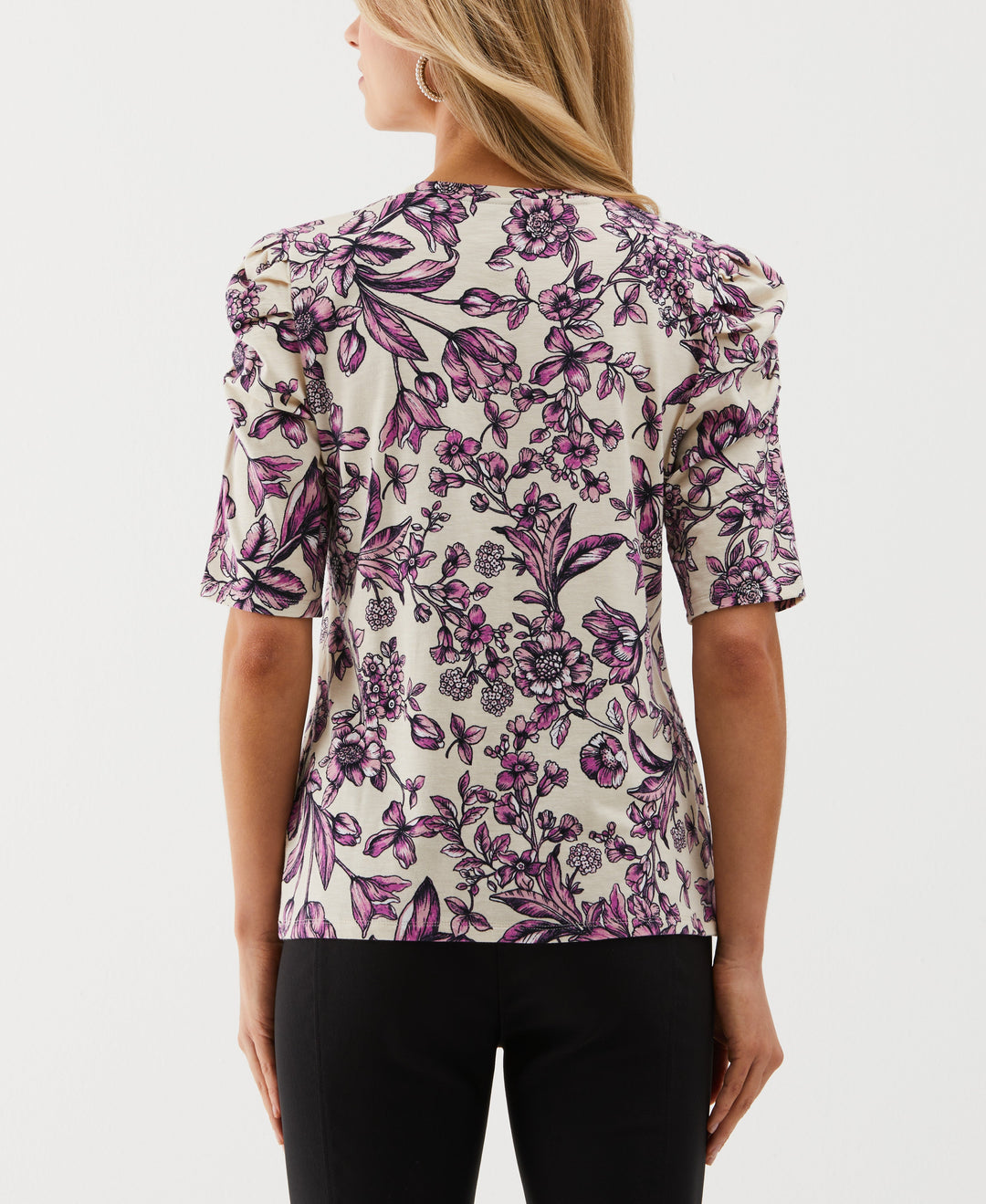 Floral Print Puff Elbow Sleeve Top (White Swan) 