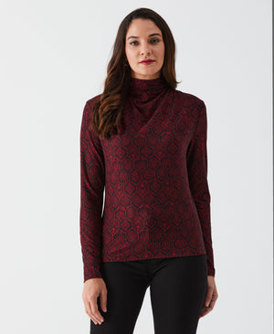 Honeycomb Mosaic Print Ruched Mock Neck Top (Rhubarb) 