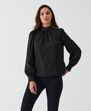 Houndstooth Button Shoulder Mock Neck Blouse (Black) 