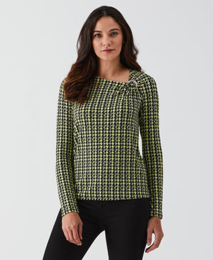 Houndstooth Print Asymmetric Neck Top (Black) 