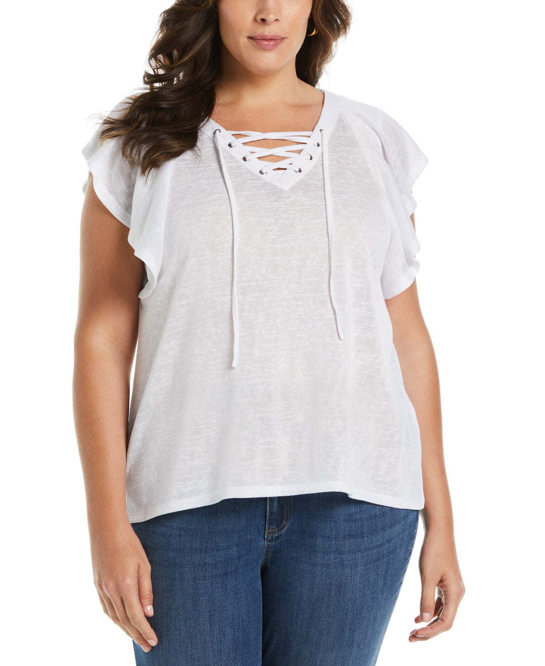 Lace-Up Flutter Sleeve Top (White) 
