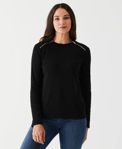 Long Sleeve Tee with Zipper Detail (Black) 