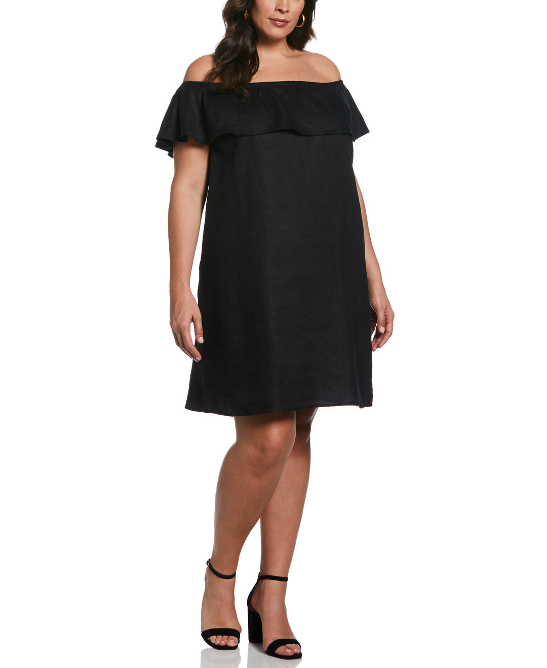 Off-the-Shoulder Ruffle Linen Dress (Black) 