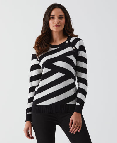 Patterned Button Trim Sweater (Black) 