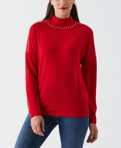 Petite Embellished Mock Neck Top (Tango Red) 