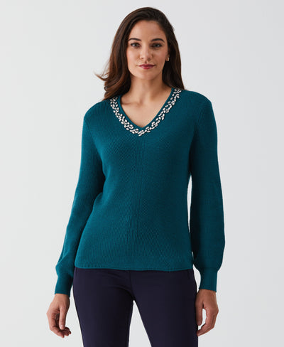 Petite Embellished V-Neck Sweater (Shaded Spruce)