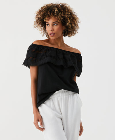 Petite Embroidered Off The Shoulder Top (Black)