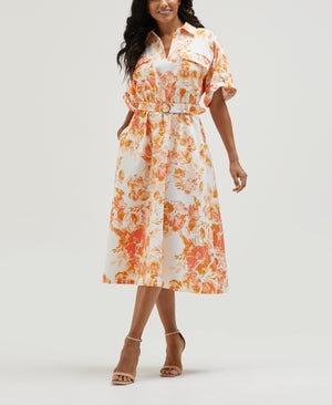 Petite Floral Print Utility Shirt Dress (Coral) 