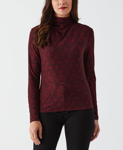 Petite Honeycomb Mosaic Print Ruched Mock Neck Top (Rhubarb) 