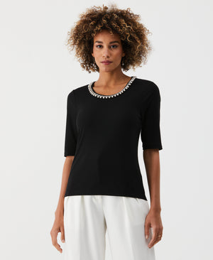 Petite Pearl Trim Rib Knit Top (Black)