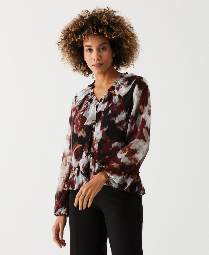Petite Printed V-Neck Ruffle Blouse (Windsor Wine)