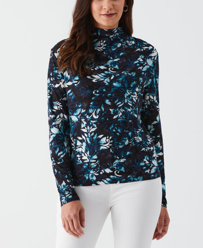 Petite Shadow Damask Print Ruched Mock Neck Top (Deep Teal) 