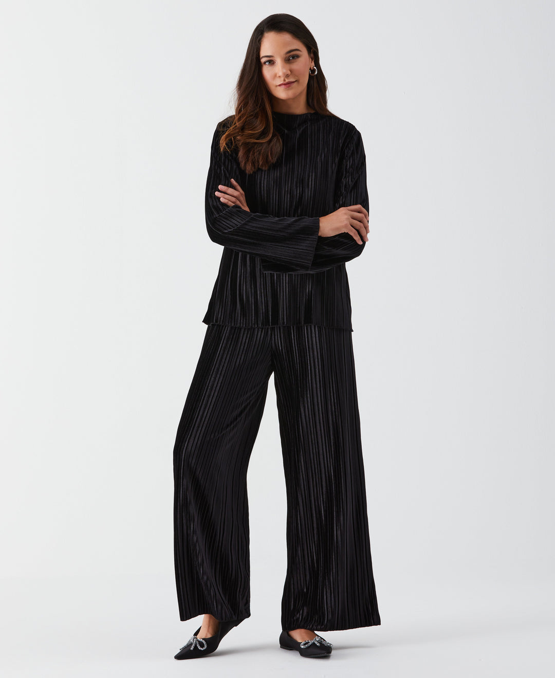 Pleated Velvet Wide Leg Pant (Black) 