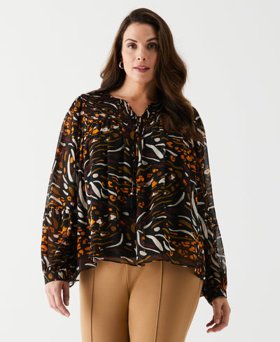 Plus Size Animal Print Smocked Split Neck Blouse (Black) 