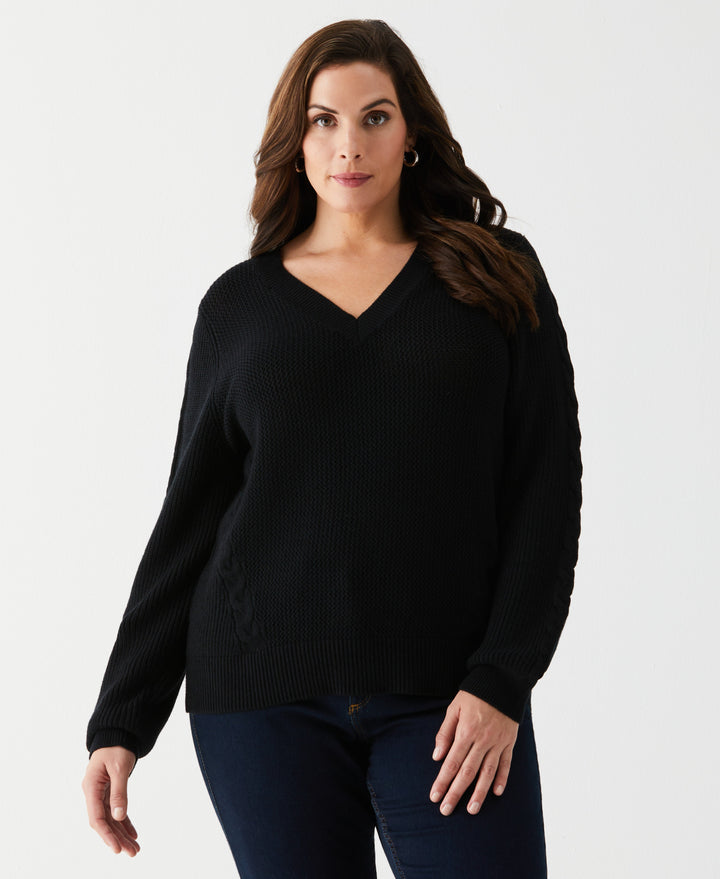 Plus Size Cable Knit V-Neck Sweater (Black) 