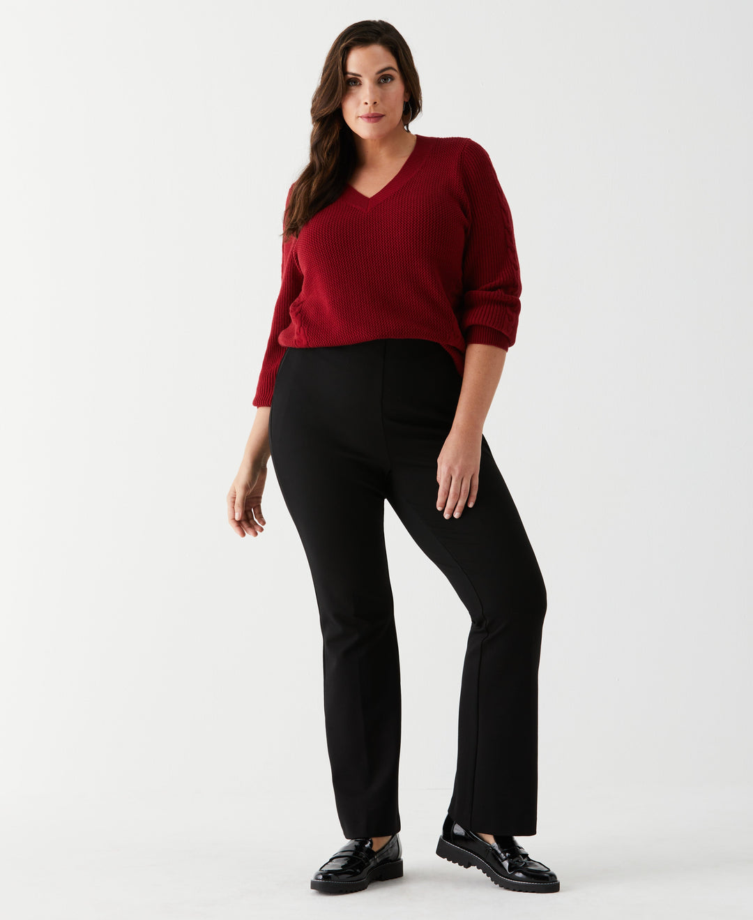 Plus Size Cable Knit V-Neck Sweater (Rhubarb) 