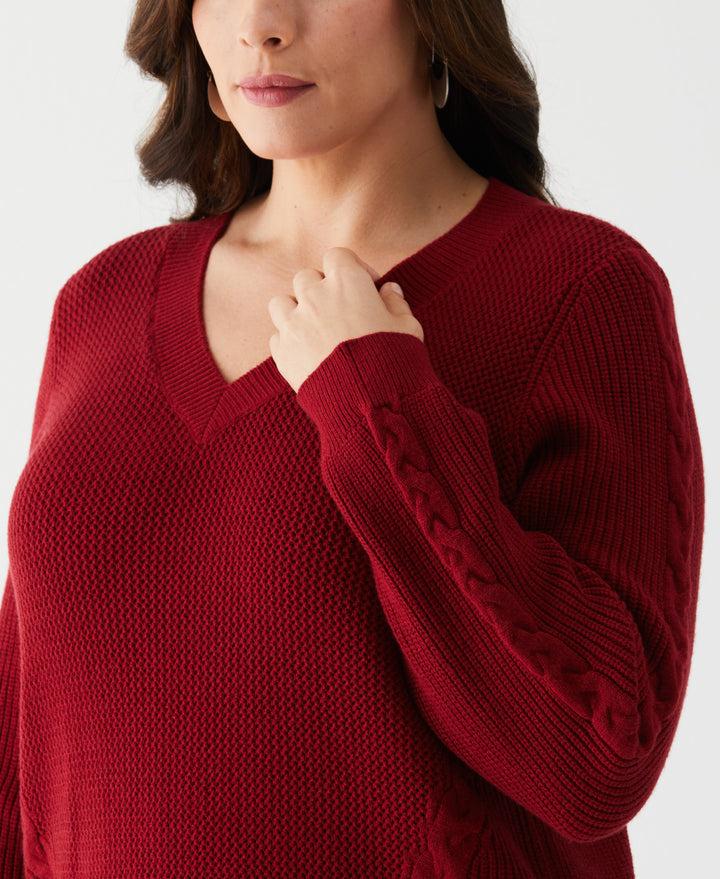 Plus Size Cable Knit V-Neck Sweater (Rhubarb) 
