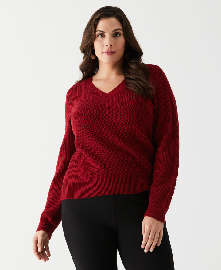 Plus Size Cable Knit V-Neck Sweater (Rhubarb) 