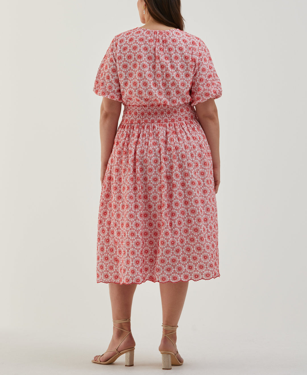 Plus Size Daisy Embroidered Smocked Puff Sleeve Dress (Hibiscus) 
