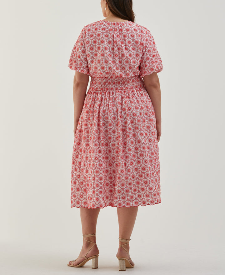 Plus Size Daisy Embroidered Smocked Puff Sleeve Dress (Hibiscus) 